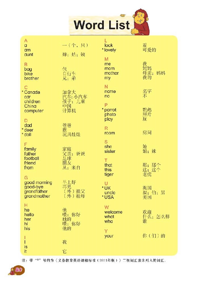 北师大版小学二年级英语上册Word List第0页