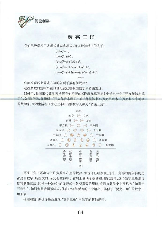 沪教版初中数学初一数学上册阅读材料 贾宪三角第0页