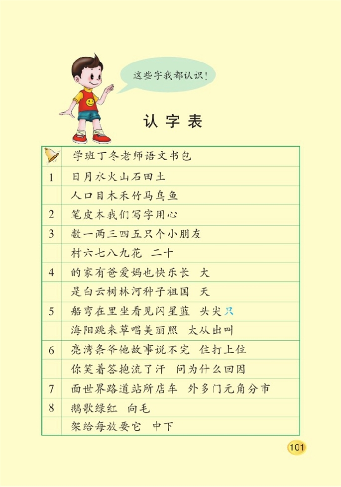 北师大版小学一年级语文上册认字表第0页