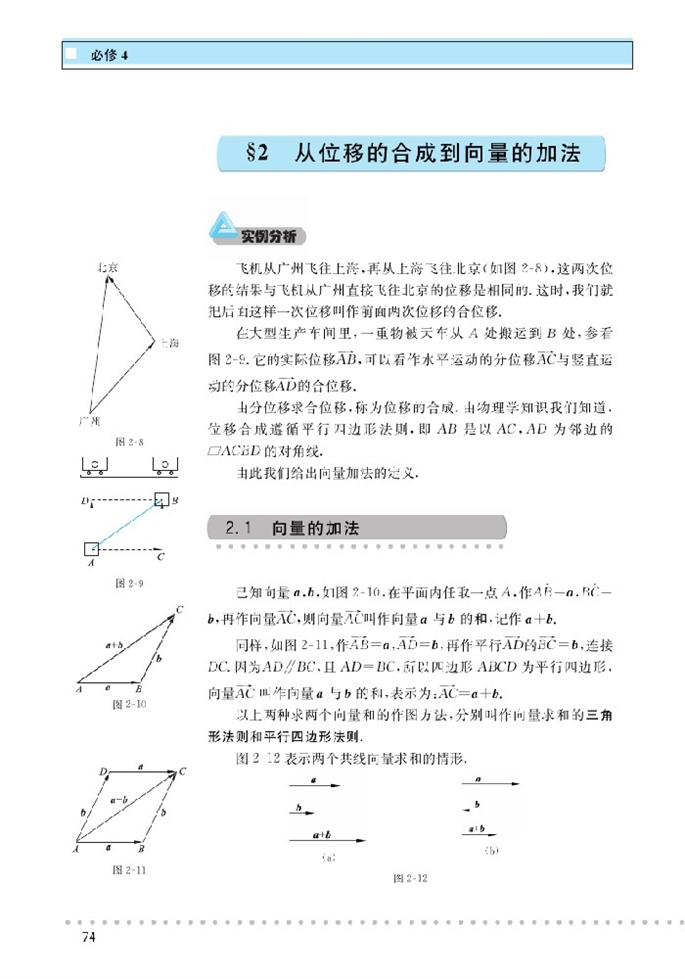 北师大版高中高二数学必修4从位移到合成向量的加法第1页