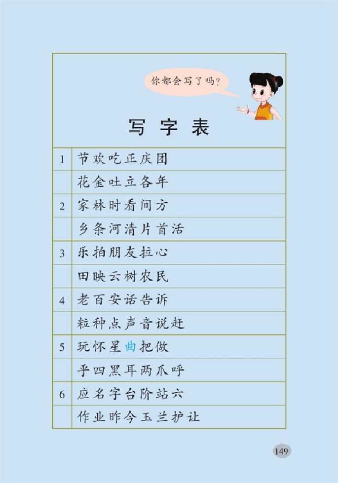 北师大版小学一年级语文下册生字表第0页