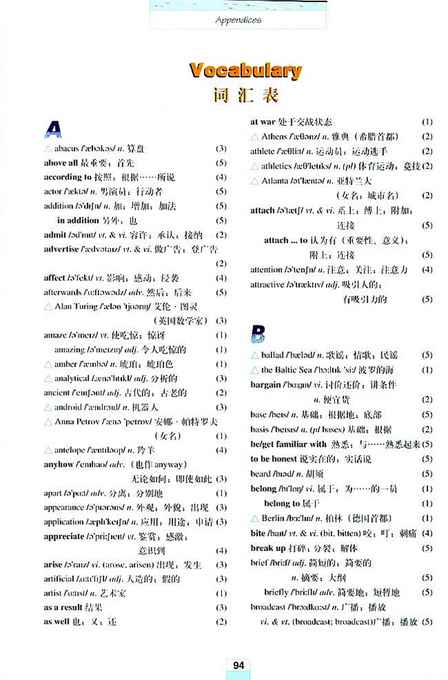 人教版高一英语必修二(2004)Vocabulary(词汇表)第0页